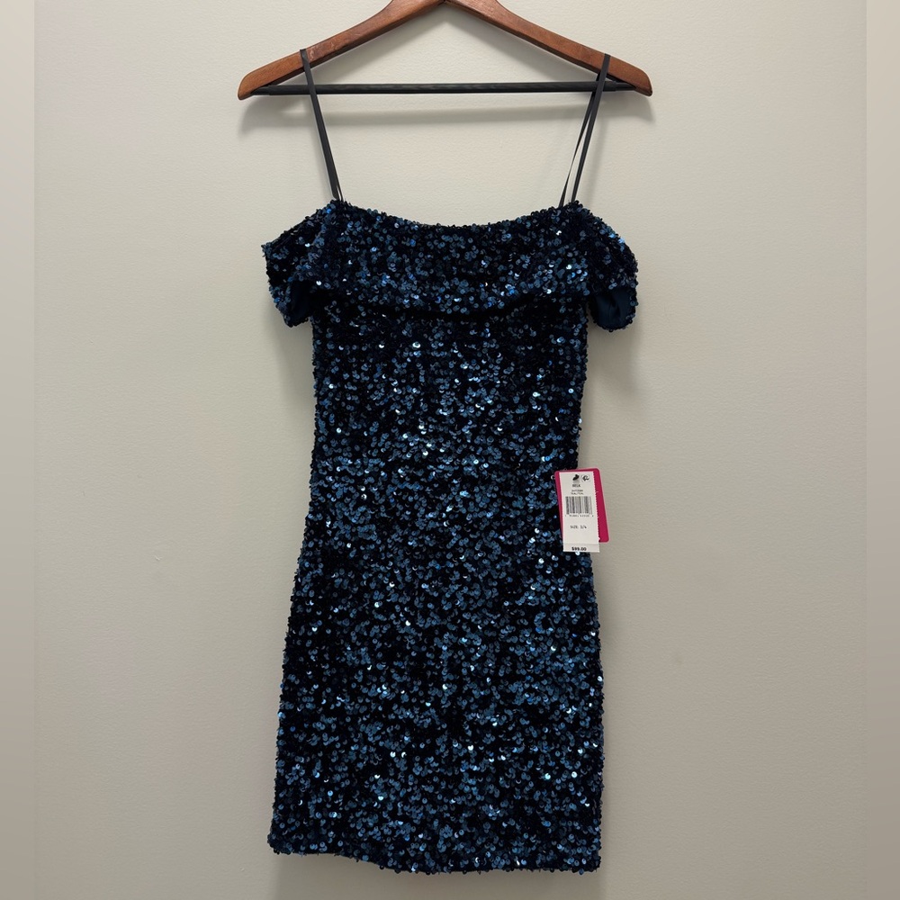 B Darlin Navy Blue Sequin Off-Shoulder Dress - Women’s Size 3/4